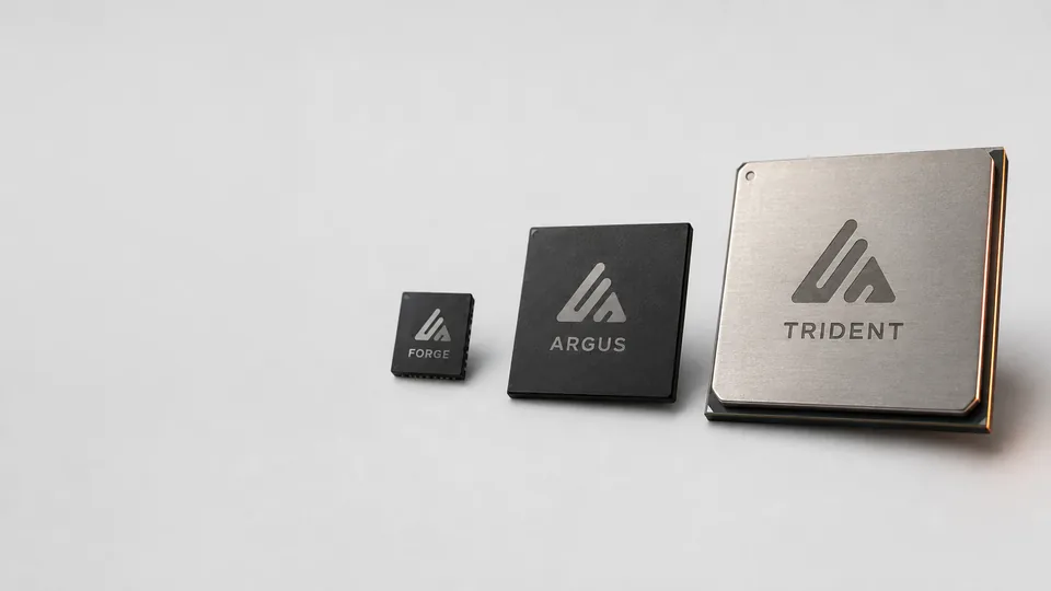 燔石第一代端侧推理芯片：逐火 Forge、千目 Argus、镇岳 Trident 并排放在浅灰台面上