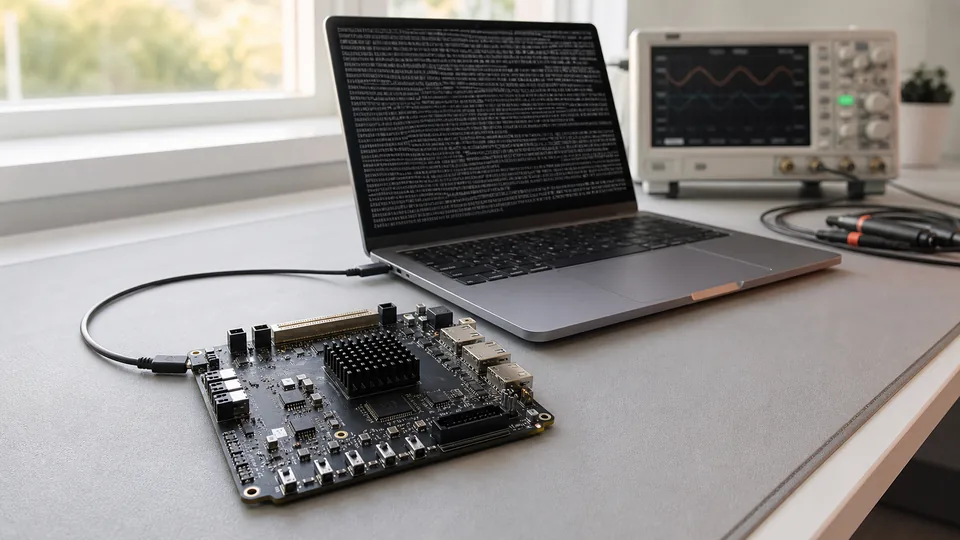 实验台上的 FPGA 评估板连接到笔记本，终端里滚动着推理输出