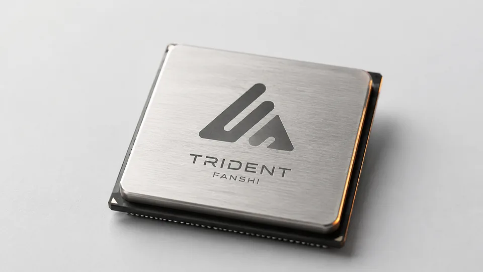 镇岳 Trident 旗舰重载型大模型推理芯片，金属散热盖上刻有燔石标志